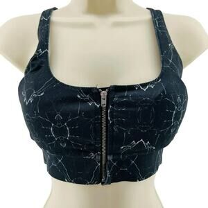 Lynx Black White Marble Zip Front Crossback Sports Bra Womens Small